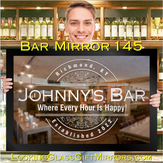 man holding etched bar mirror personalised with custom bar name and design