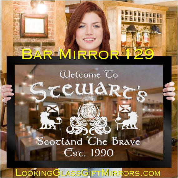 home bar mirror with scottish design showing thistle of scotland lions saltire flag and gaelic lettering