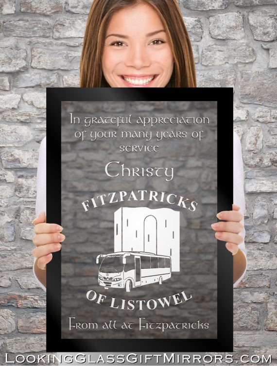 Custom design for Maura re. Christy retirement - 14" x 20"  etched mirror with black frame