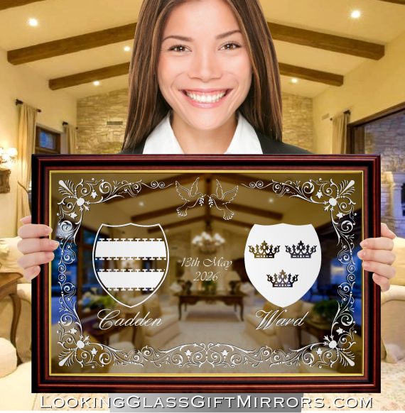 Custom order - Siobhan T. re. Cadden - Ward, 20"x14" framed mirror with etched design