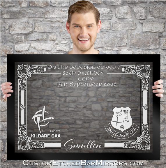 Custom: Claire C. re. Tony 80th-  33" x 23" Framed Etched Mirror